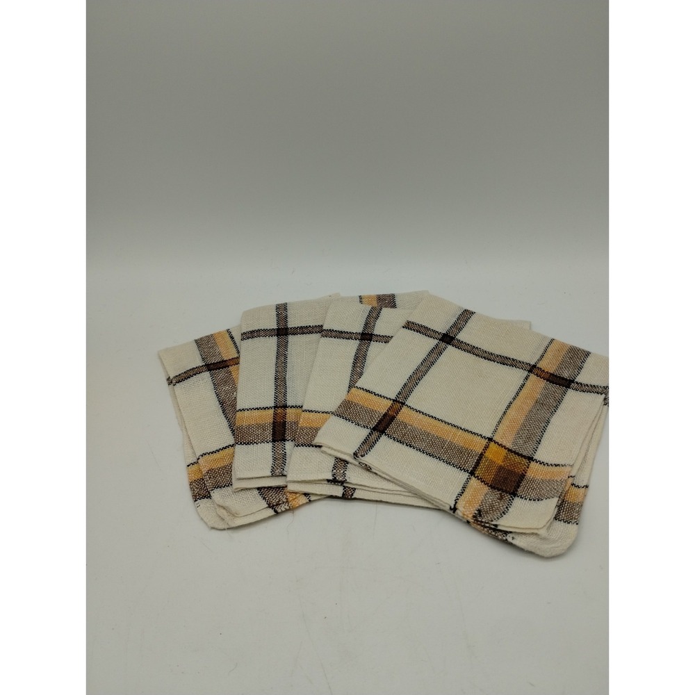 Set Of 4 Cotton Linen Blend Cloth Napkins Farmhouse Plaid Vintage MCM
